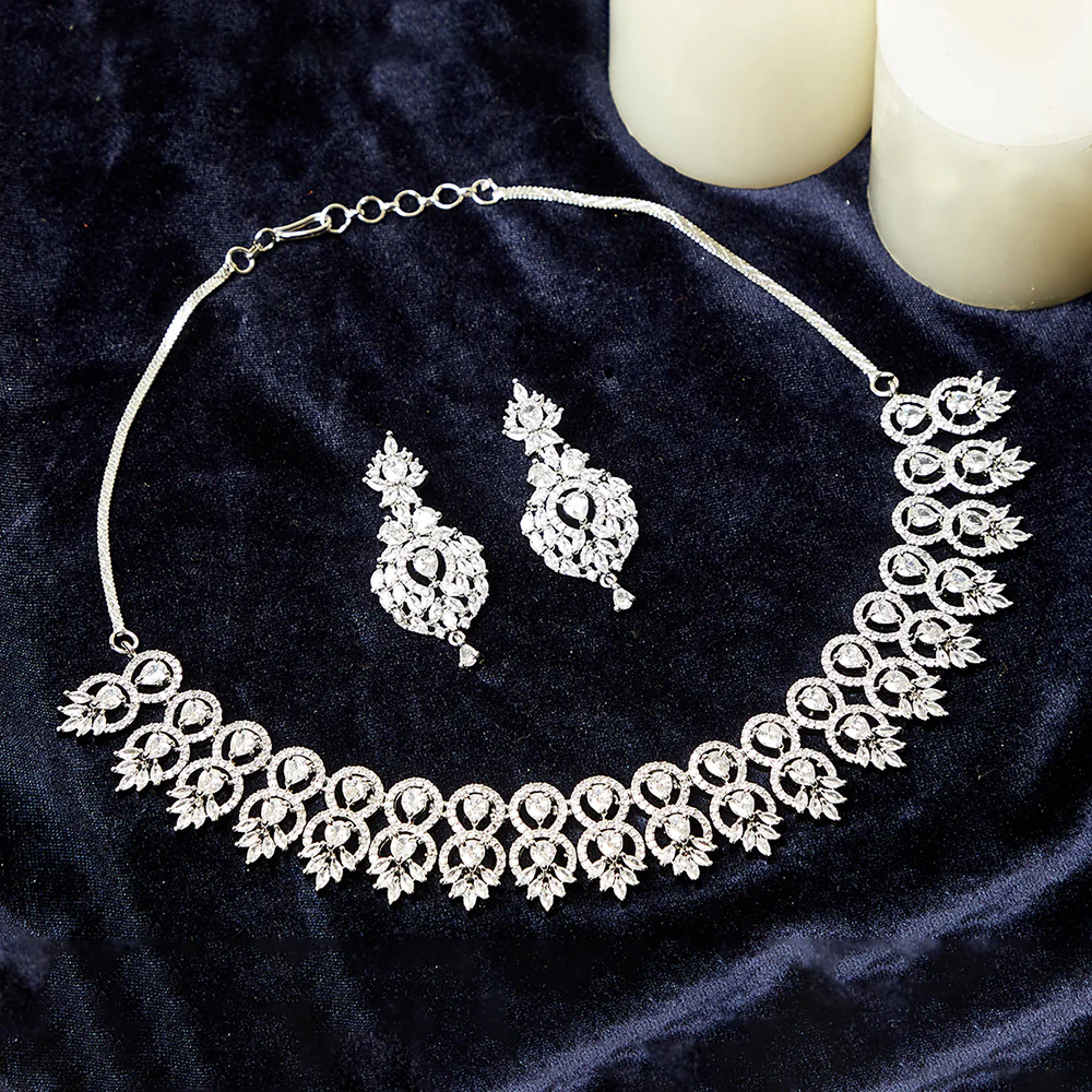 CZ Silver Plated White & White Jhumka Jewellery Set
