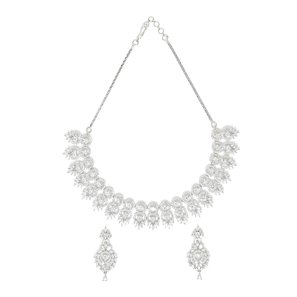 CZ Silver Plated White & White Jhumka Jewellery Set - Image 4