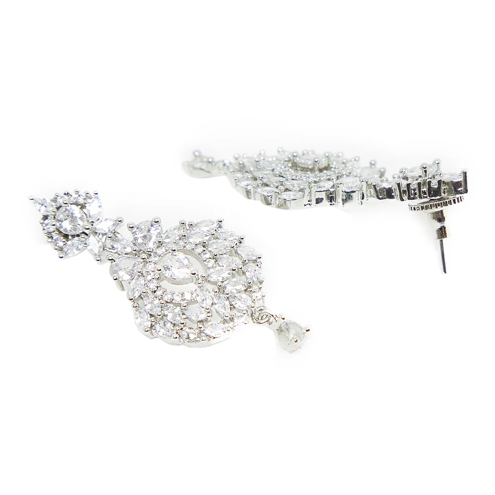 CZ Silver Plated White & White Jhumka Jewellery Set - Image 5