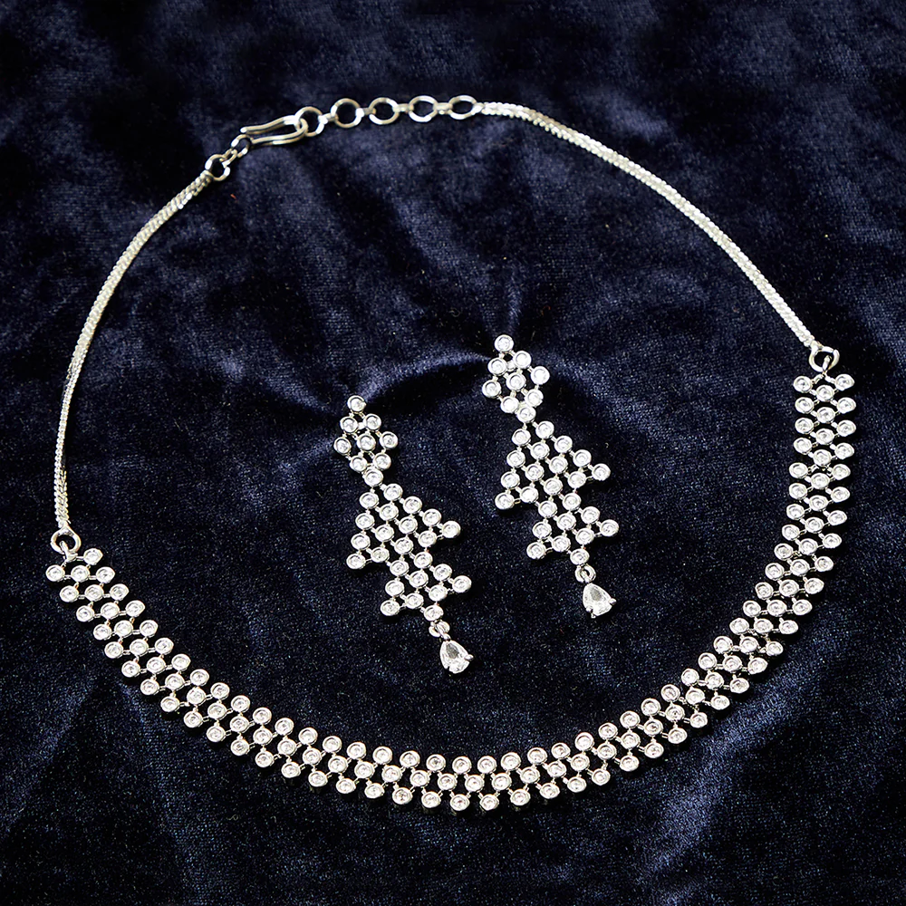 CZ  White Rhodium Plated Jhumka Necklace Sets