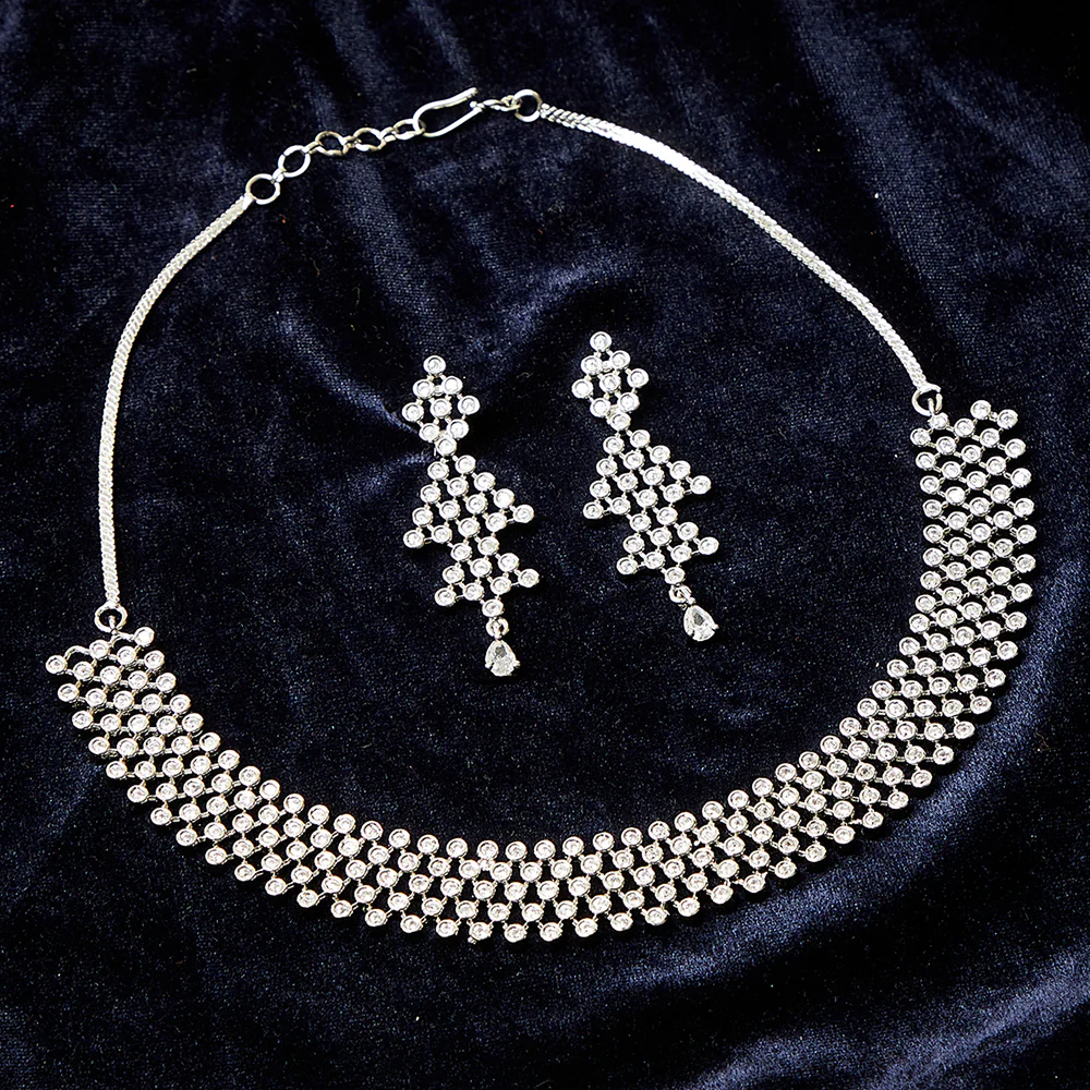 CZ Silver Plated White & White Jhumka Necklace Sets