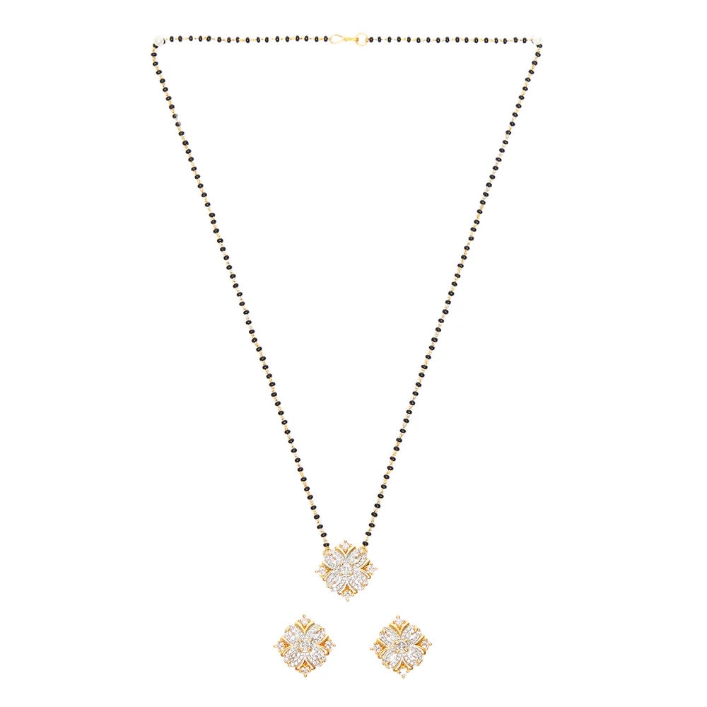 Shimmering Floret American Diamond CZ Gold Plated Brass Black Beaded Mangalsutra with Earrings - Image 2