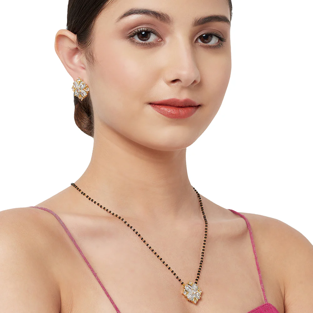 Shimmering Floret American Diamond CZ Gold Plated Brass Black Beaded Mangalsutra with Earrings - Image 5