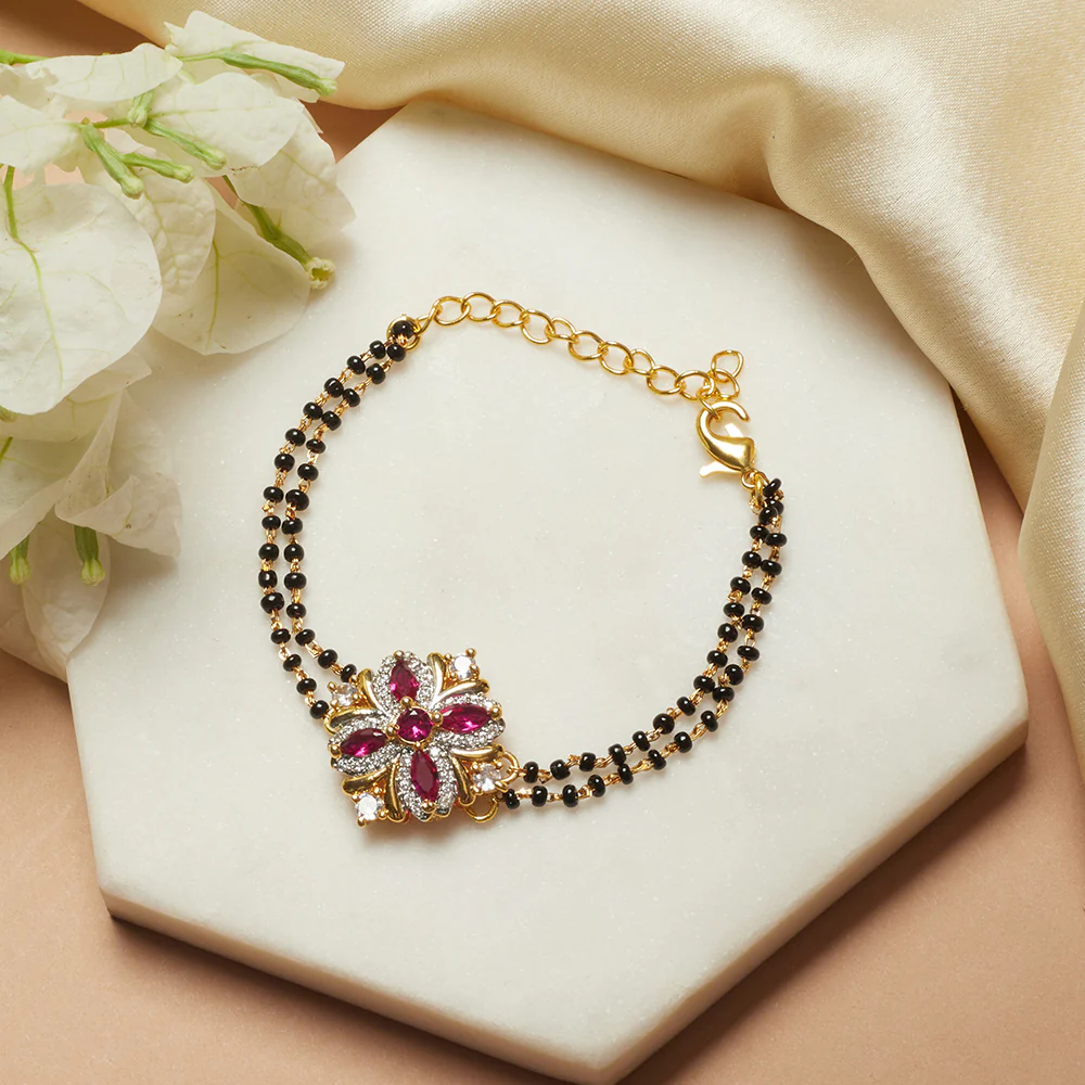 Shimmering Floret American Diamond CZ Flower Mangalsutra Bracelet with Black Beads Chain