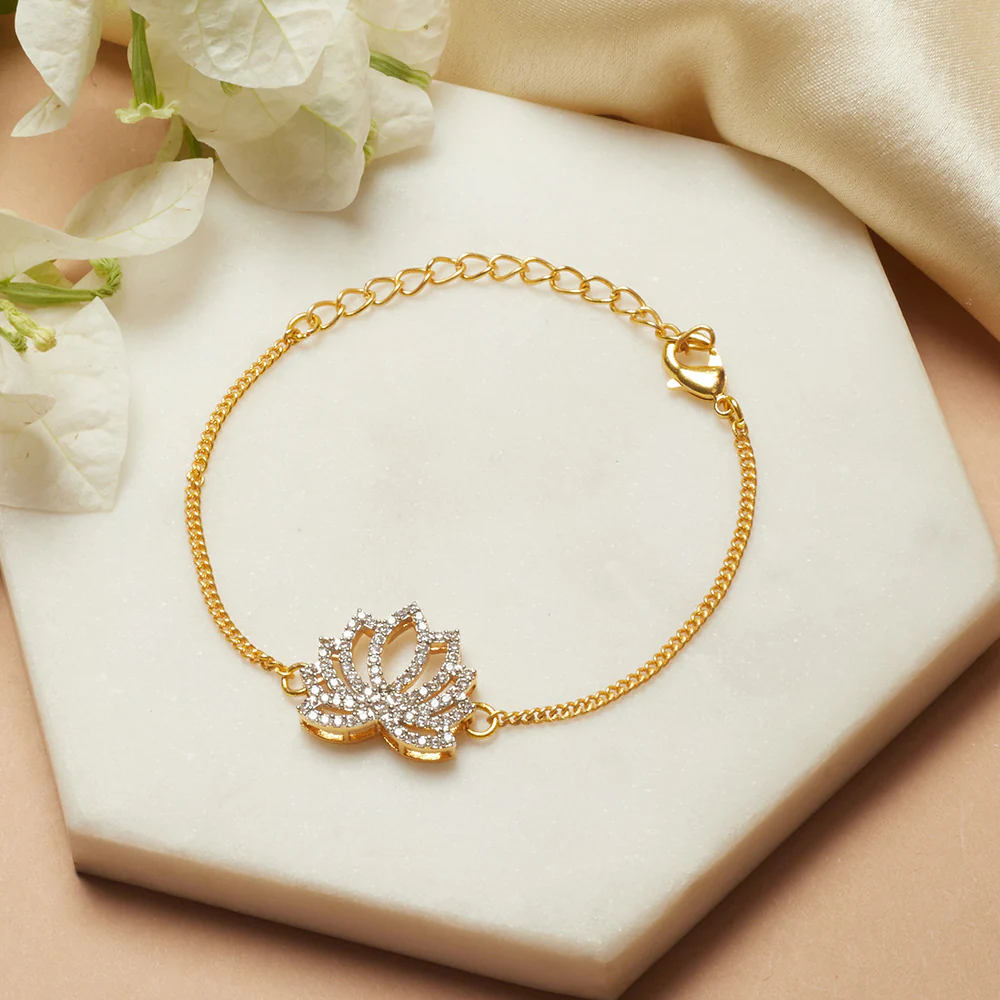 Shimmering Floret American Diamond CZ Silver Flower Mangalsutra Bracelet with Gold Plated Chain