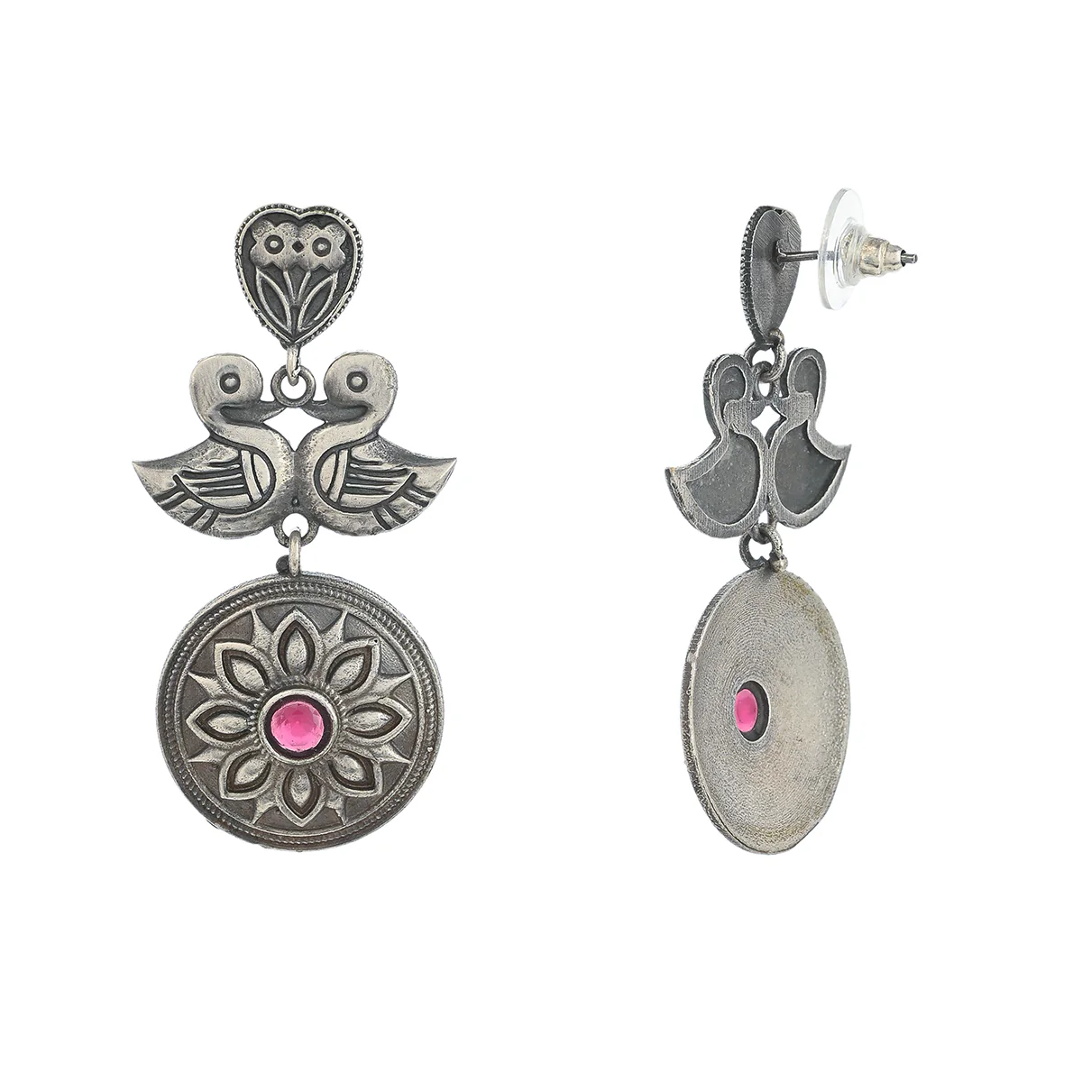 Antique Elegance Bird Motifs Gems Adorned Brass Silver Plated Drop Earrings - Image 5