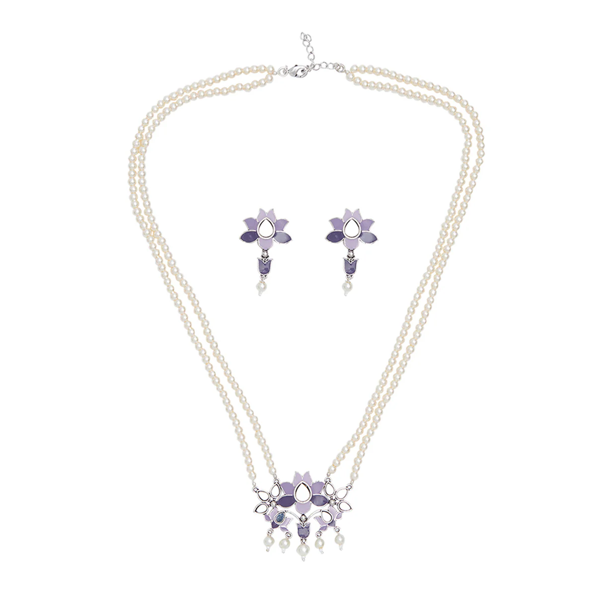 Festive Hues Blue Enamel Mirror Detail Faux Pearls Adorned Silver Oxidised Jewellery Set - Image 3