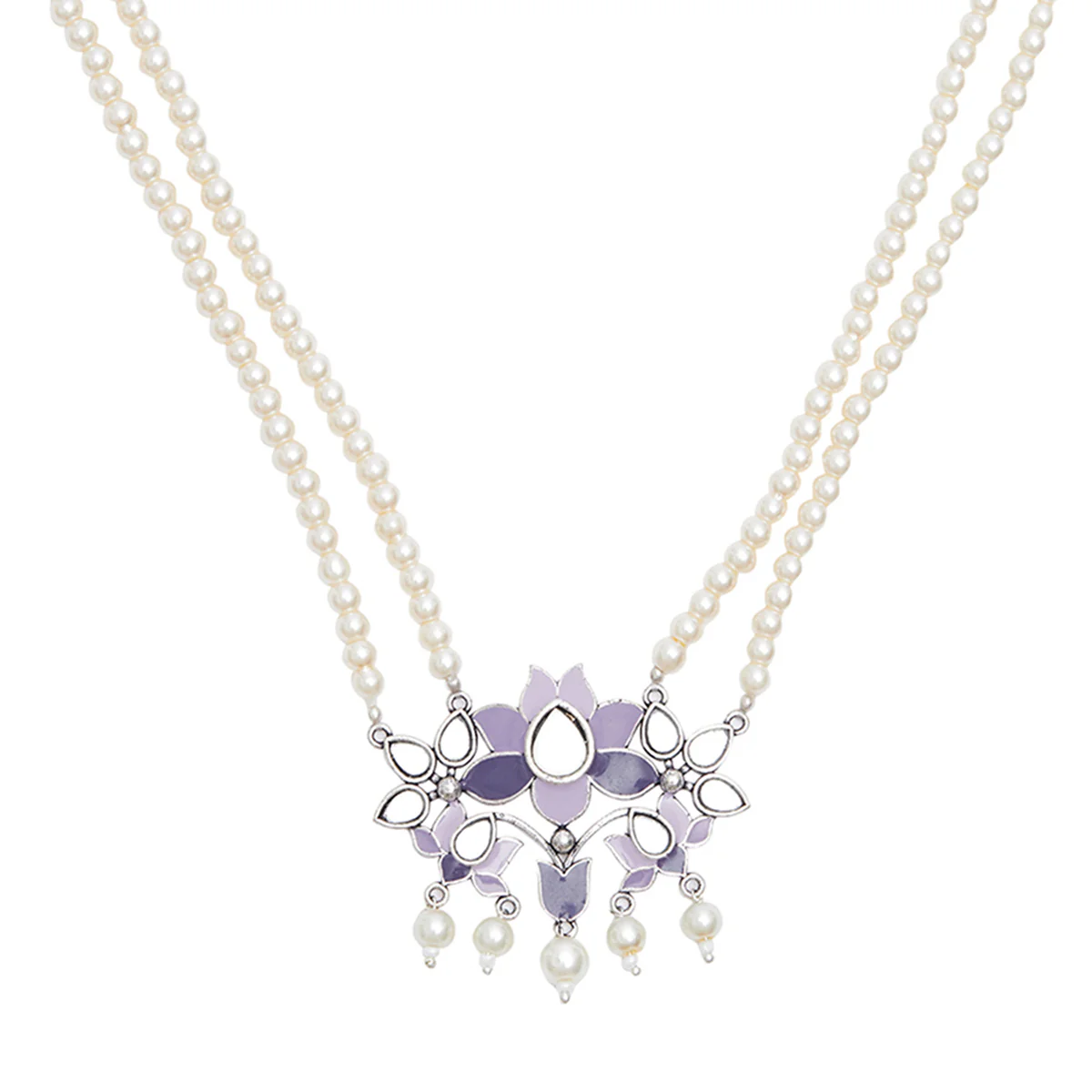 Festive Hues Blue Enamel Mirror Detail Faux Pearls Adorned Silver Oxidised Jewellery Set - Image 4