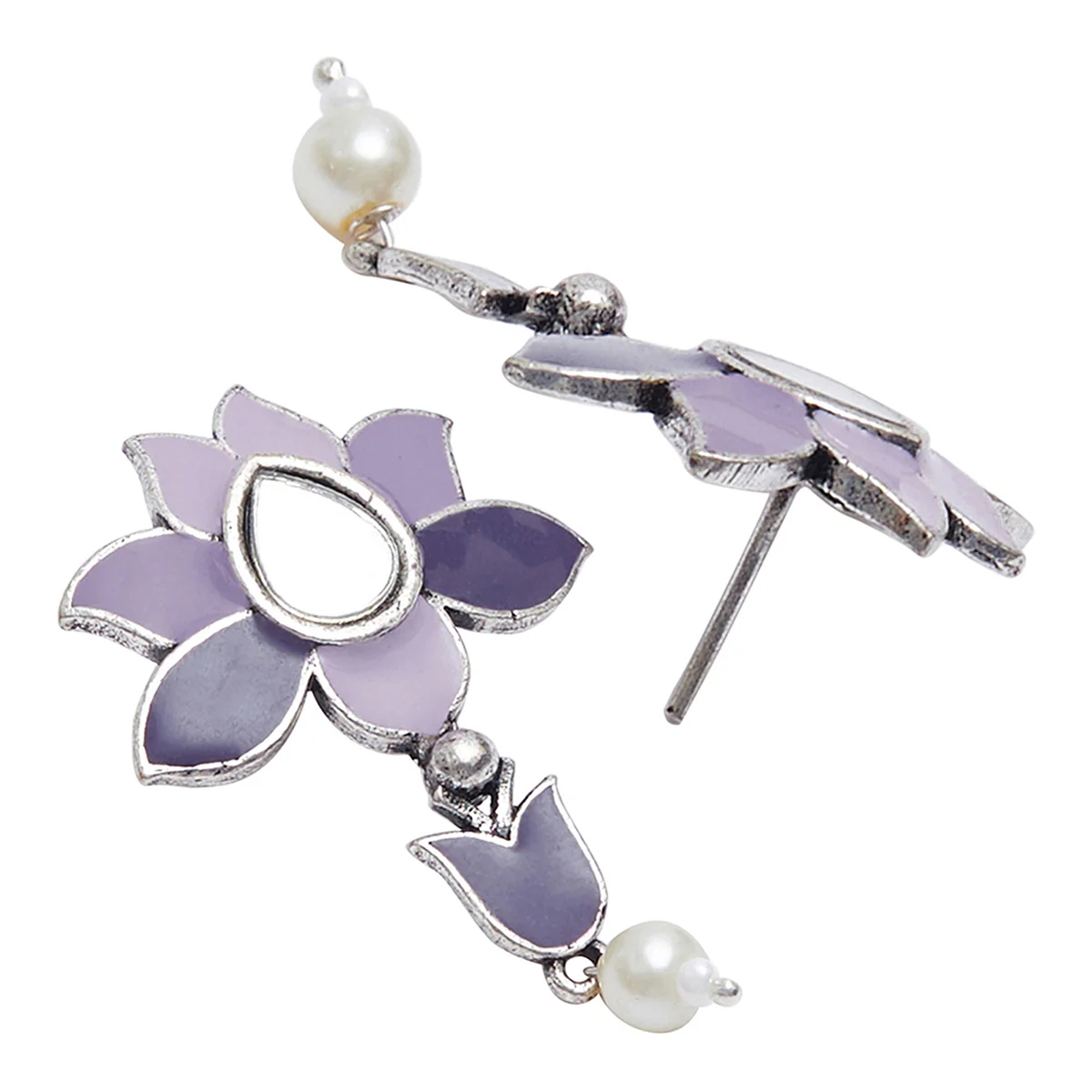 Festive Hues Blue Enamel Mirror Detail Faux Pearls Adorned Silver Oxidised Jewellery Set - Image 5