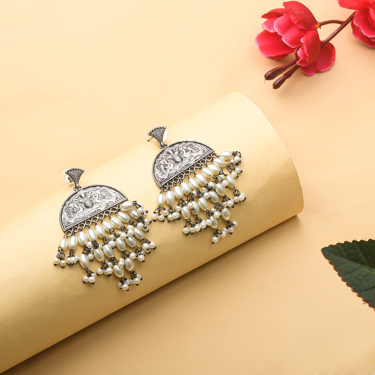 Antique Elegance Brass Faux Pearls Adorned Oxidised Silver Plated Drop Earrings