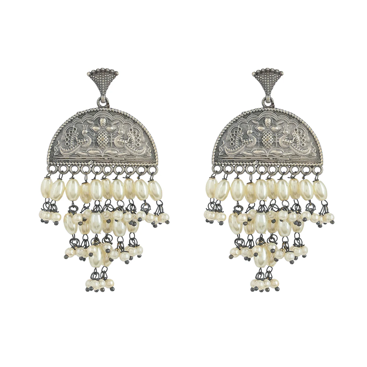 Antique Elegance Brass Faux Pearls Adorned Oxidised Silver Plated Drop Earrings - Image 3