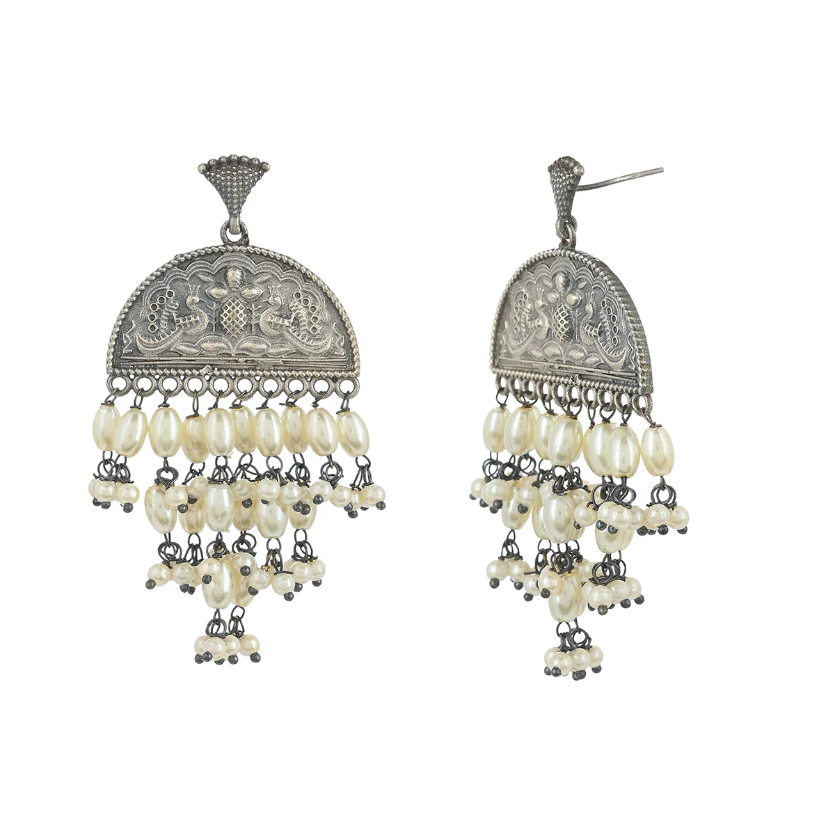 Antique Elegance Brass Faux Pearls Adorned Oxidised Silver Plated Drop Earrings - Image 4