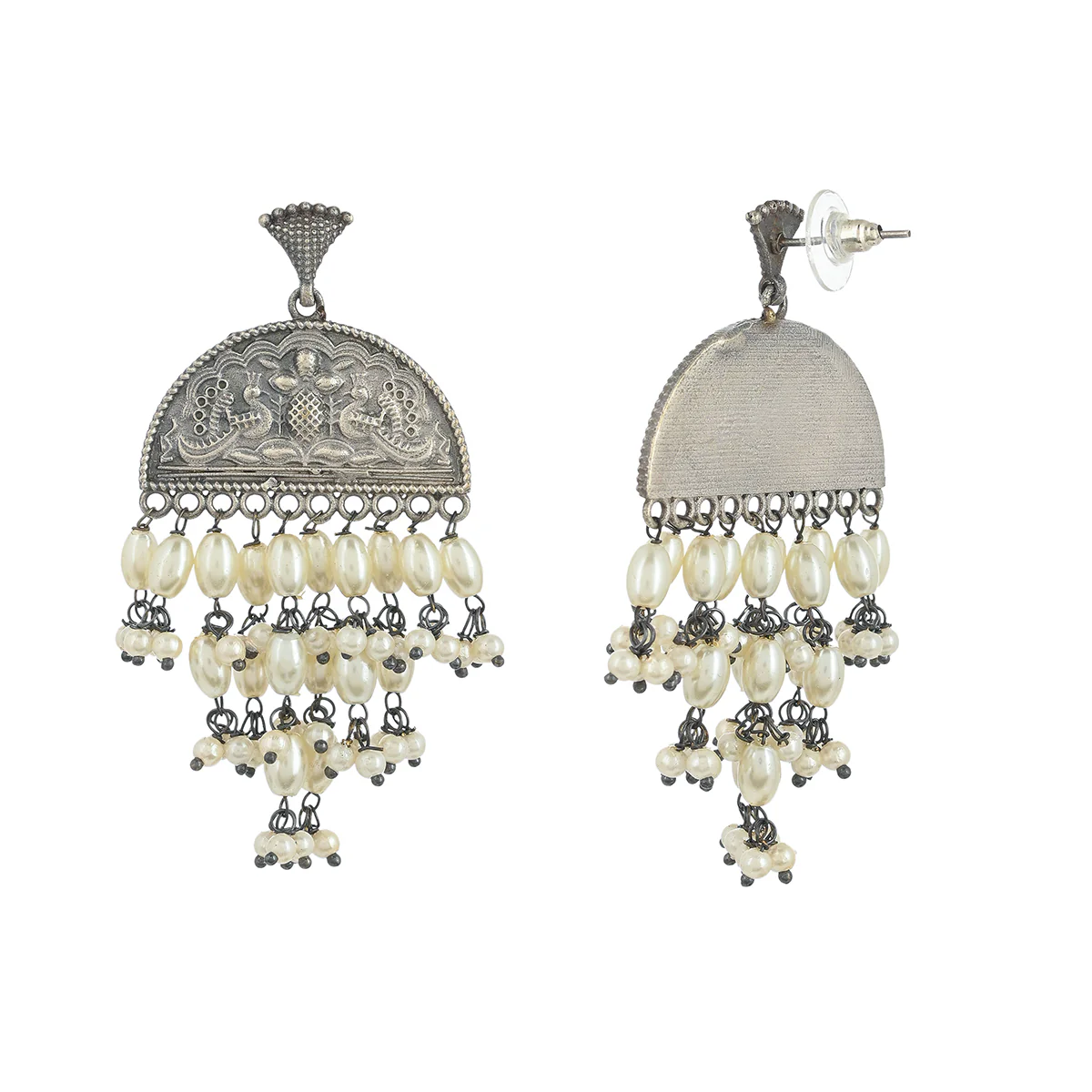 Antique Elegance Brass Faux Pearls Adorned Oxidised Silver Plated Drop Earrings - Image 5
