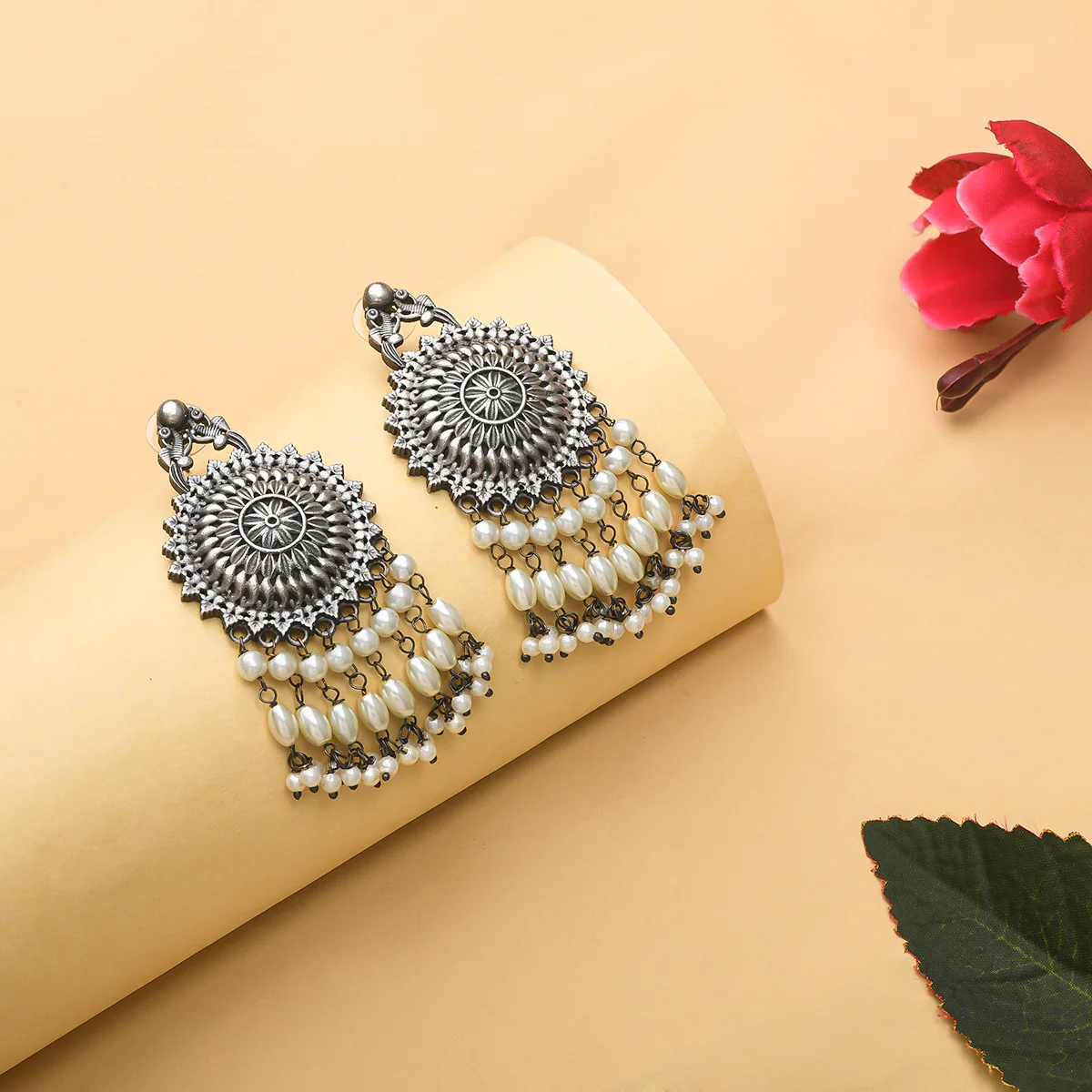 Antique Elegance Circular Faux Pearls Adorned Silver Plated Brass Earrings