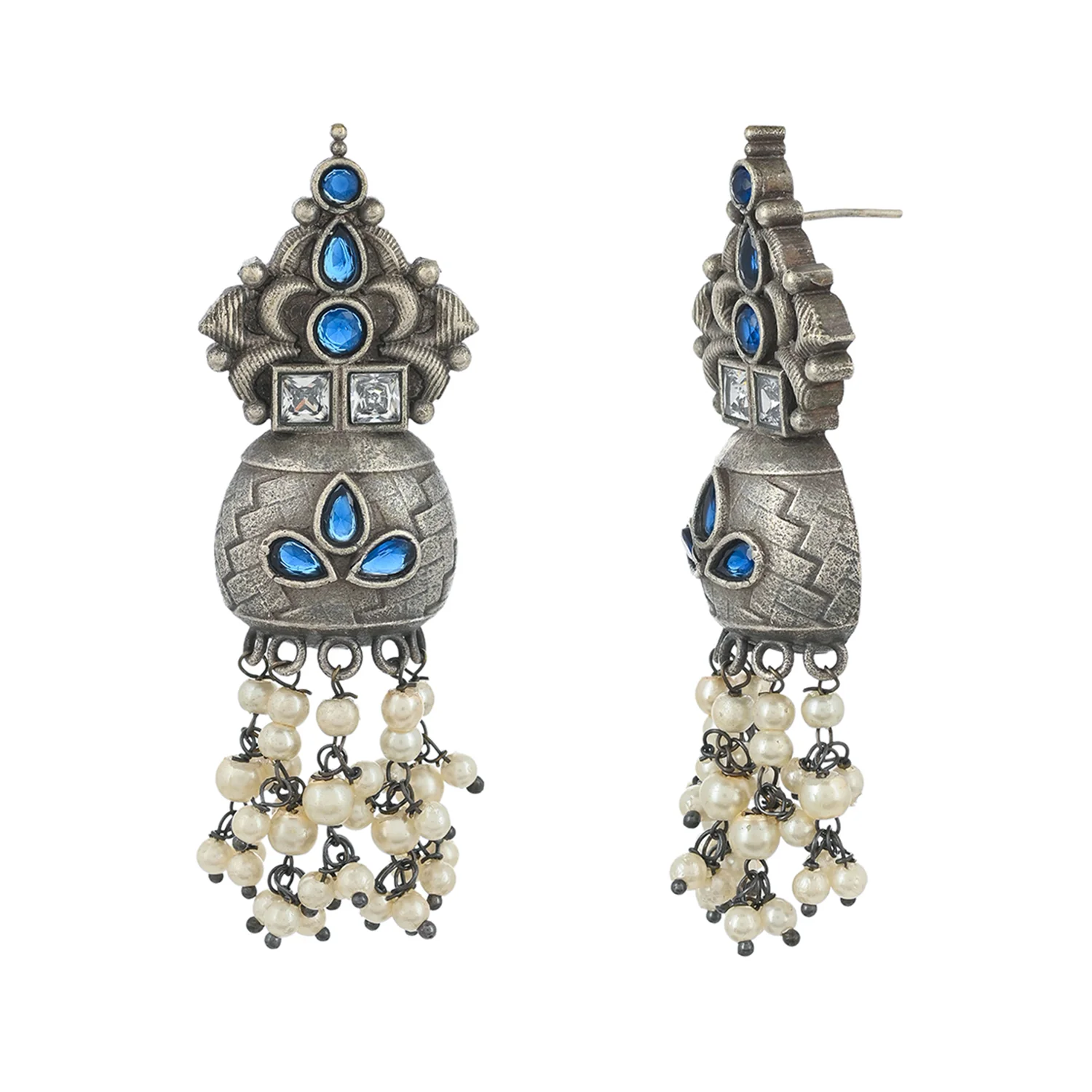 Antique Elegance Cluster Setting Faux Pearls Silver Plated Brass Drop Earrings - Image 4