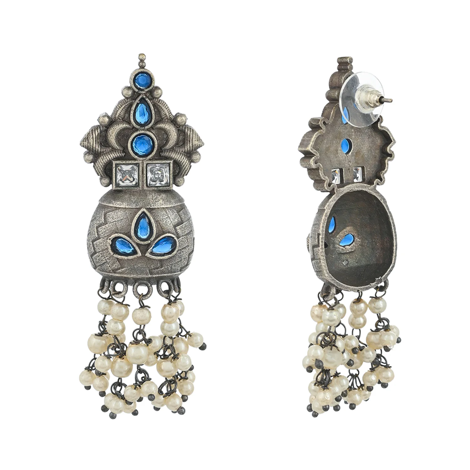 Antique Elegance Cluster Setting Faux Pearls Silver Plated Brass Drop Earrings - Image 5