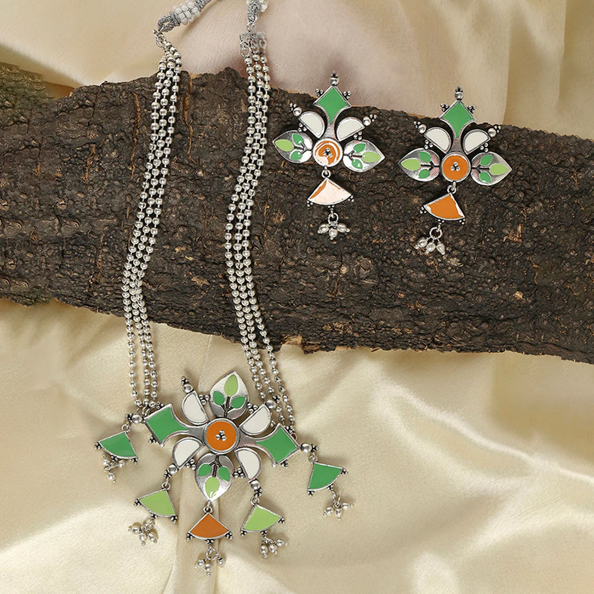 Festive Hues Enamelled Floral Patterns Silver Plated Jewellery Set