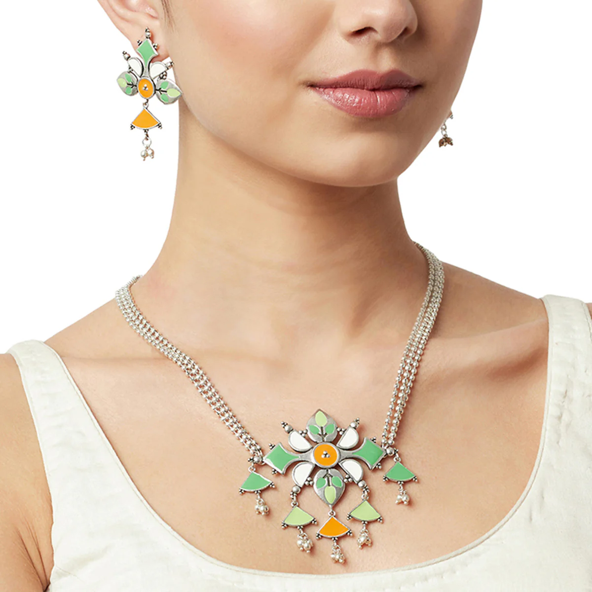 Festive Hues Enamelled Floral Patterns Silver Plated Jewellery Set - Image 2