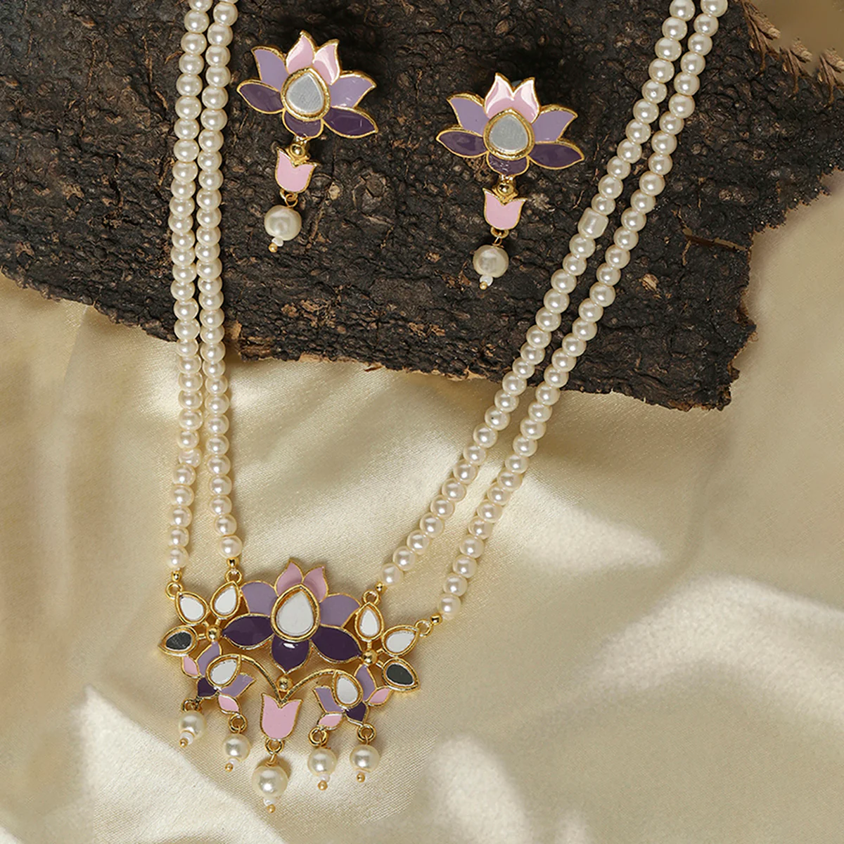 Festive Hues Enamelled Mirror Details Brass Faux Pearls Gold Toned Jewellery Set