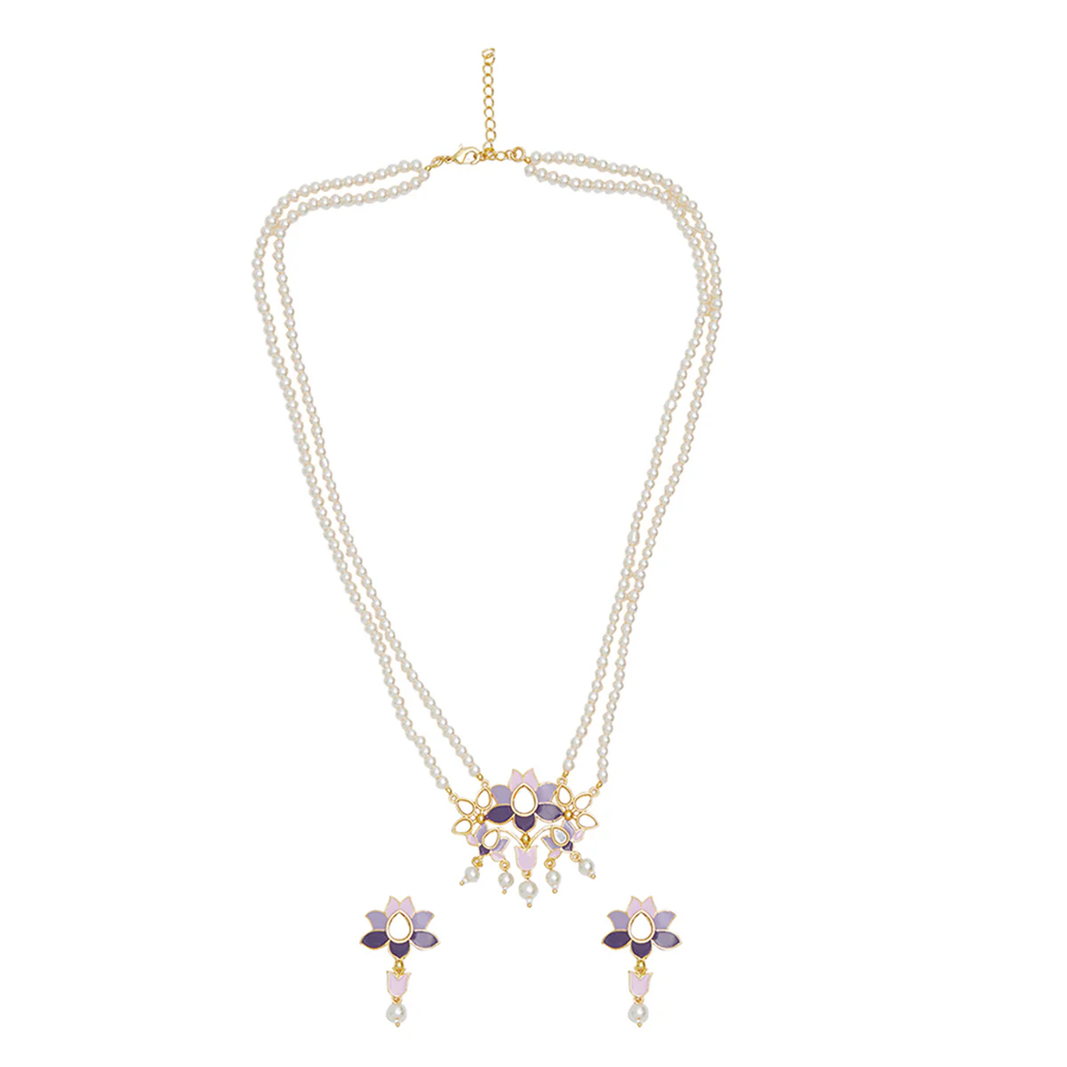 Festive Hues Enamelled Mirror Details Brass Faux Pearls Gold Toned Jewellery Set - Image 3