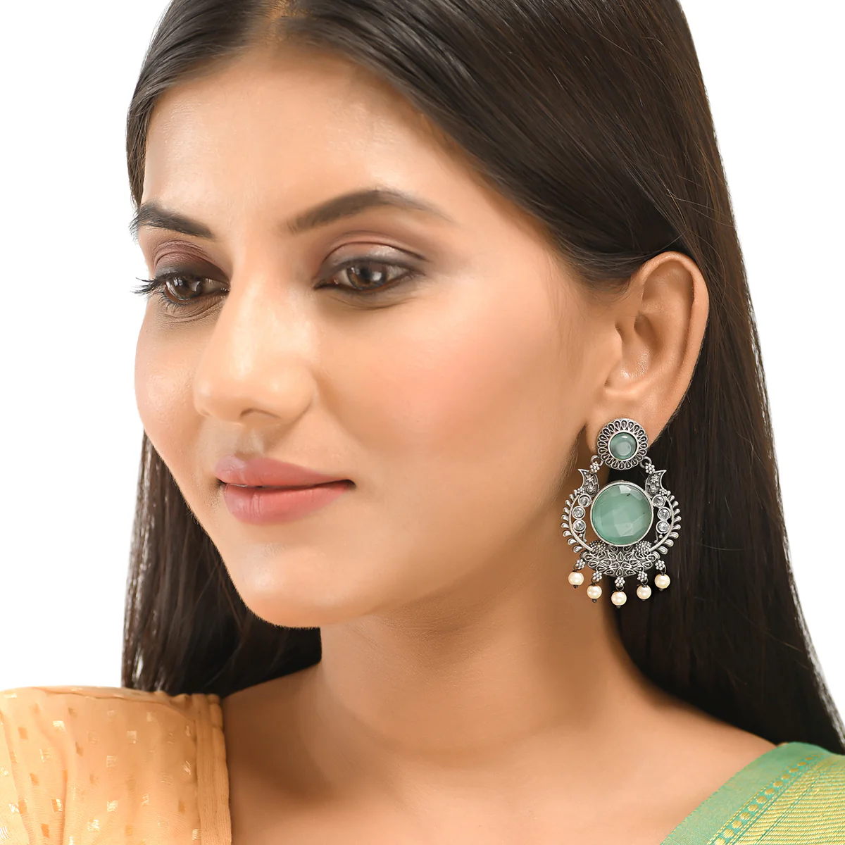 Antique Elegance Faux Kundan and Pearls Adorned Silver Plated Brass Drop Earrings - Image 2