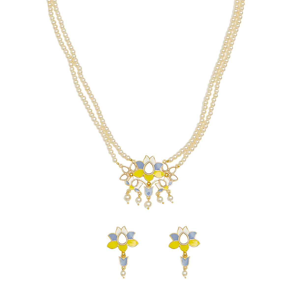 Festive Hues Faux Pearls Adorned Brass Gold Plated Jewellery Set - Image 4