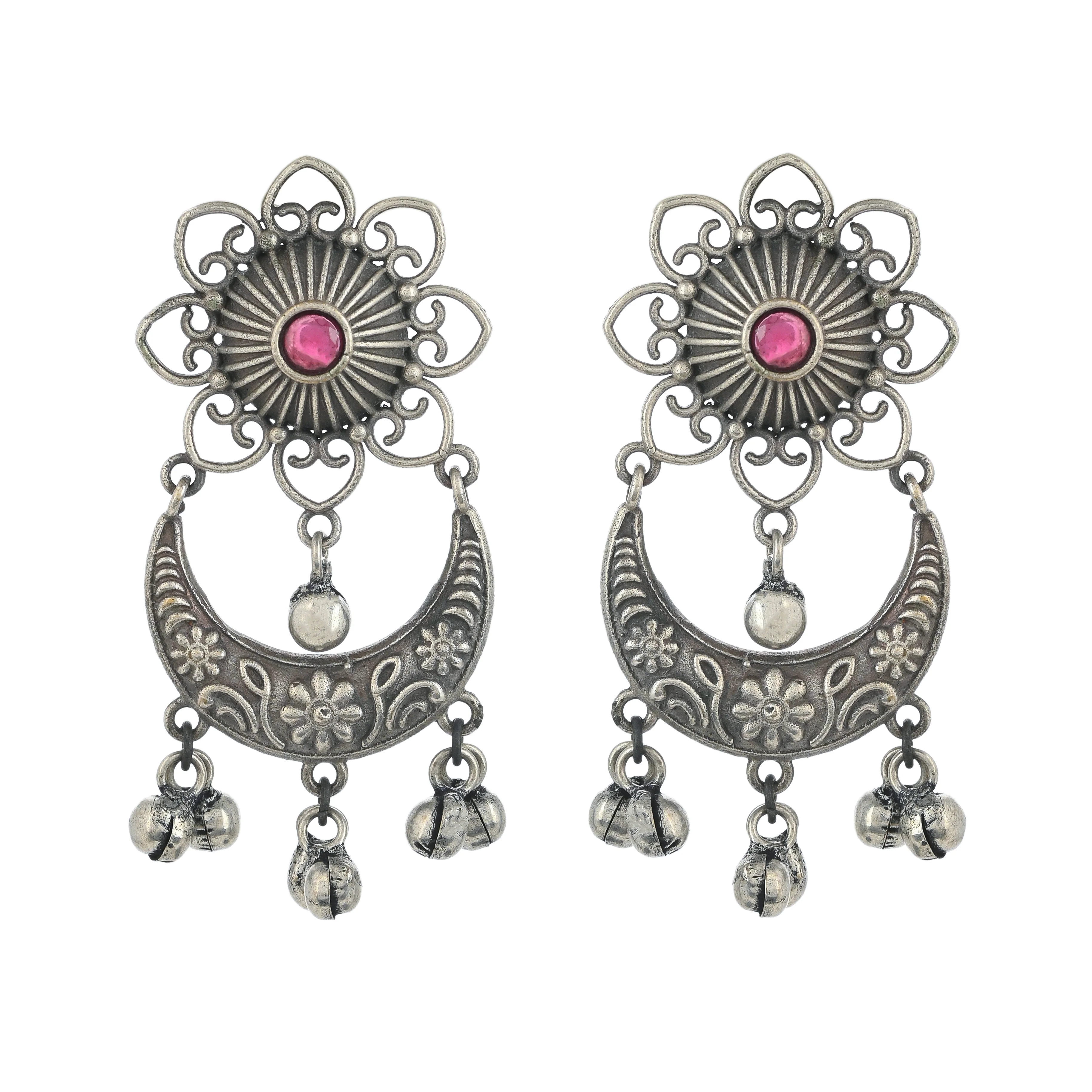 Antique Elegance Faux Pearls Adorned Floral Silver Plated Brass Earrings - Image 3