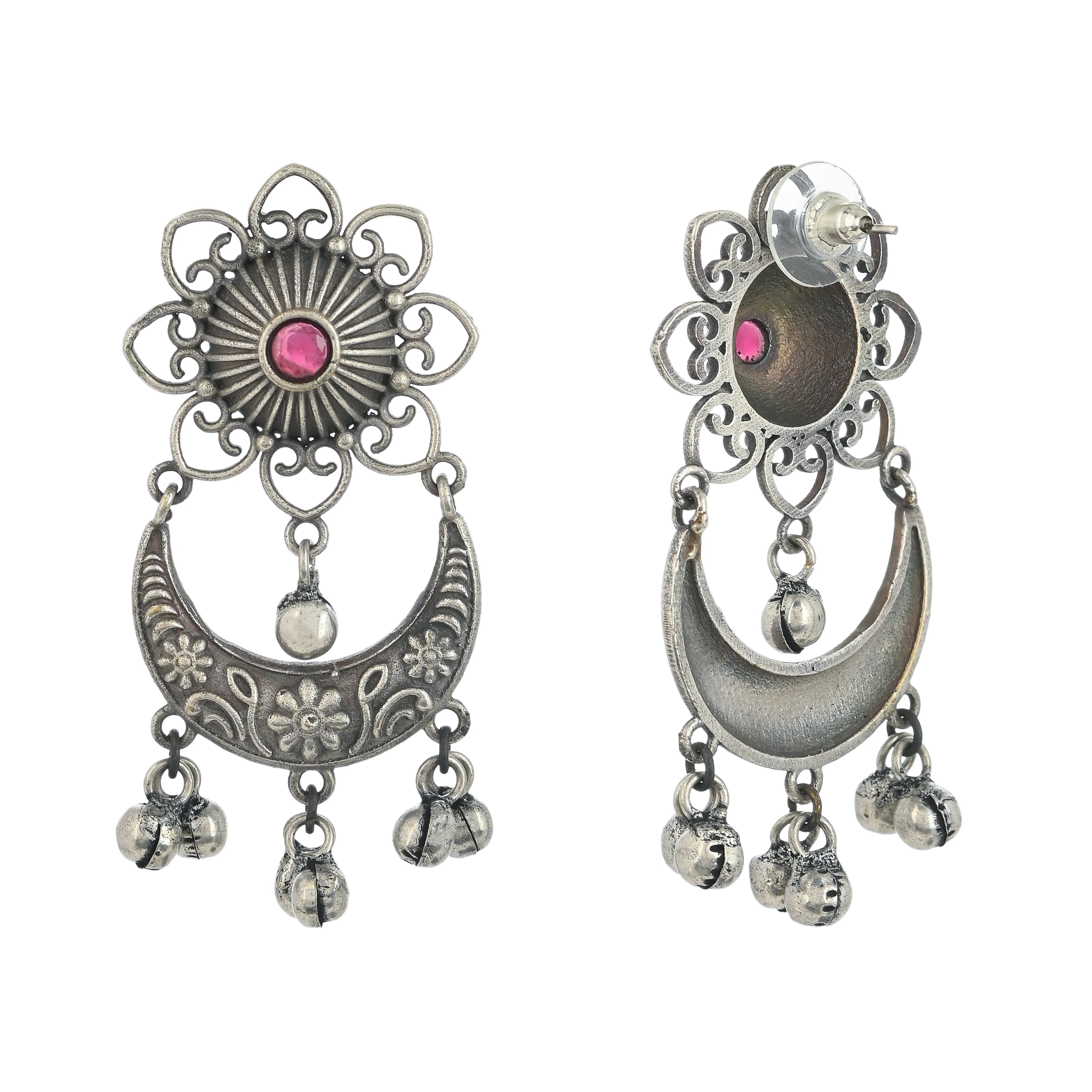 Antique Elegance Faux Pearls Adorned Floral Silver Plated Brass Earrings - Image 5