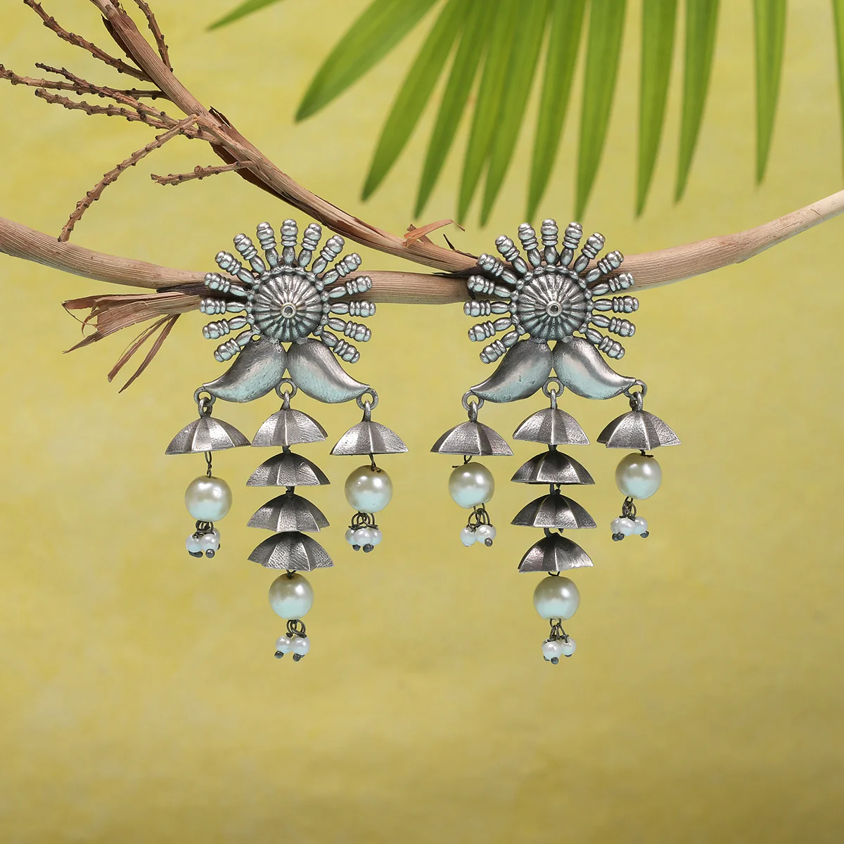 Antique Elegance Faux Pearls Adorned Silver Plated Brass Layered Drop Earrings