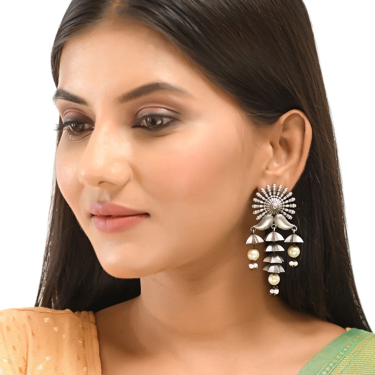 Antique Elegance Faux Pearls Adorned Silver Plated Brass Layered Drop Earrings - Image 2