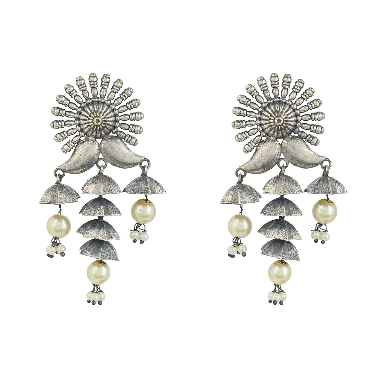 Antique Elegance Faux Pearls Adorned Silver Plated Brass Layered Drop Earrings - Image 3