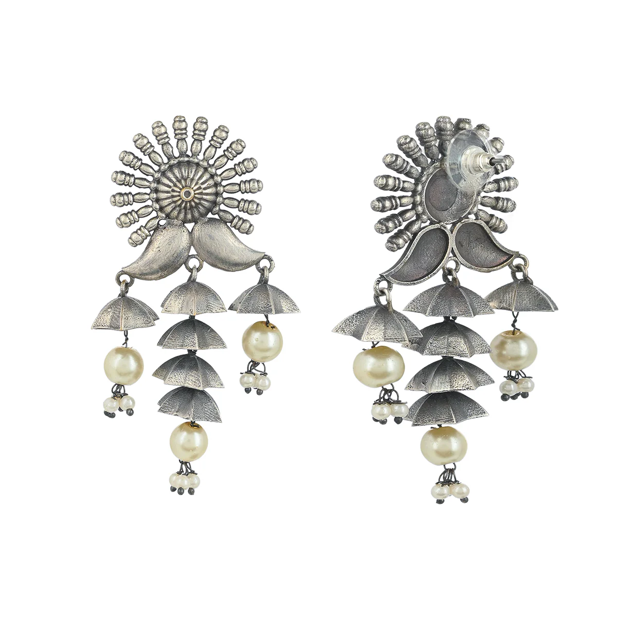 Antique Elegance Faux Pearls Adorned Silver Plated Brass Layered Drop Earrings - Image 5