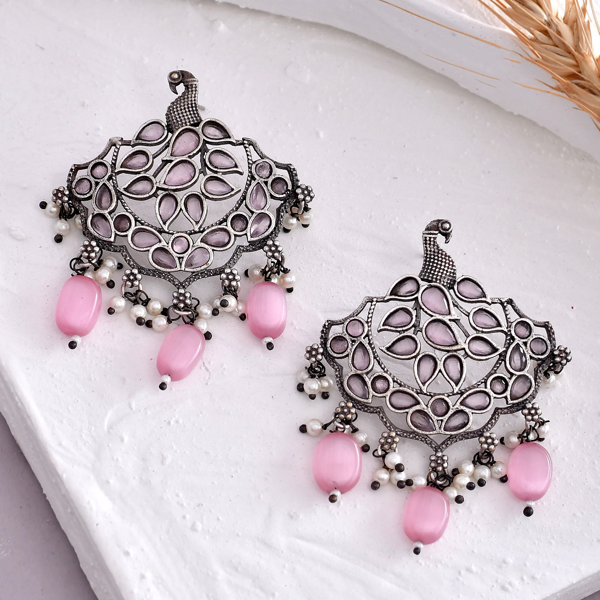 Antique Elegance Faux Pearls And Kundan Adorned Brass Silver Oxidized Plated Earrings