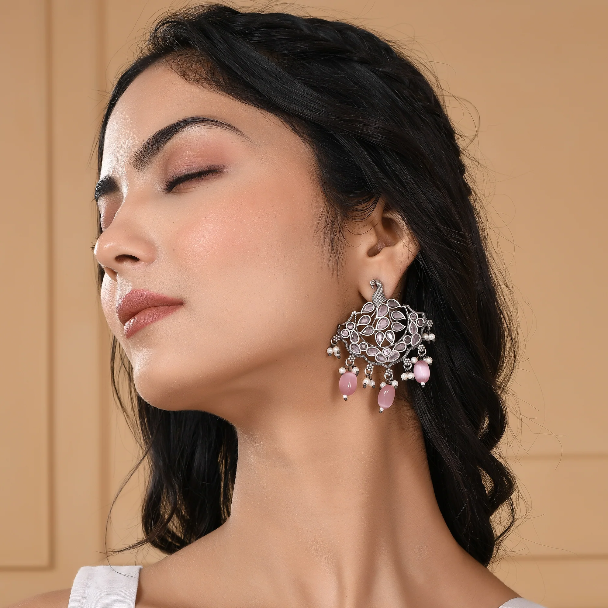Antique Elegance Faux Pearls And Kundan Adorned Brass Silver Oxidized Plated Earrings - Image 2