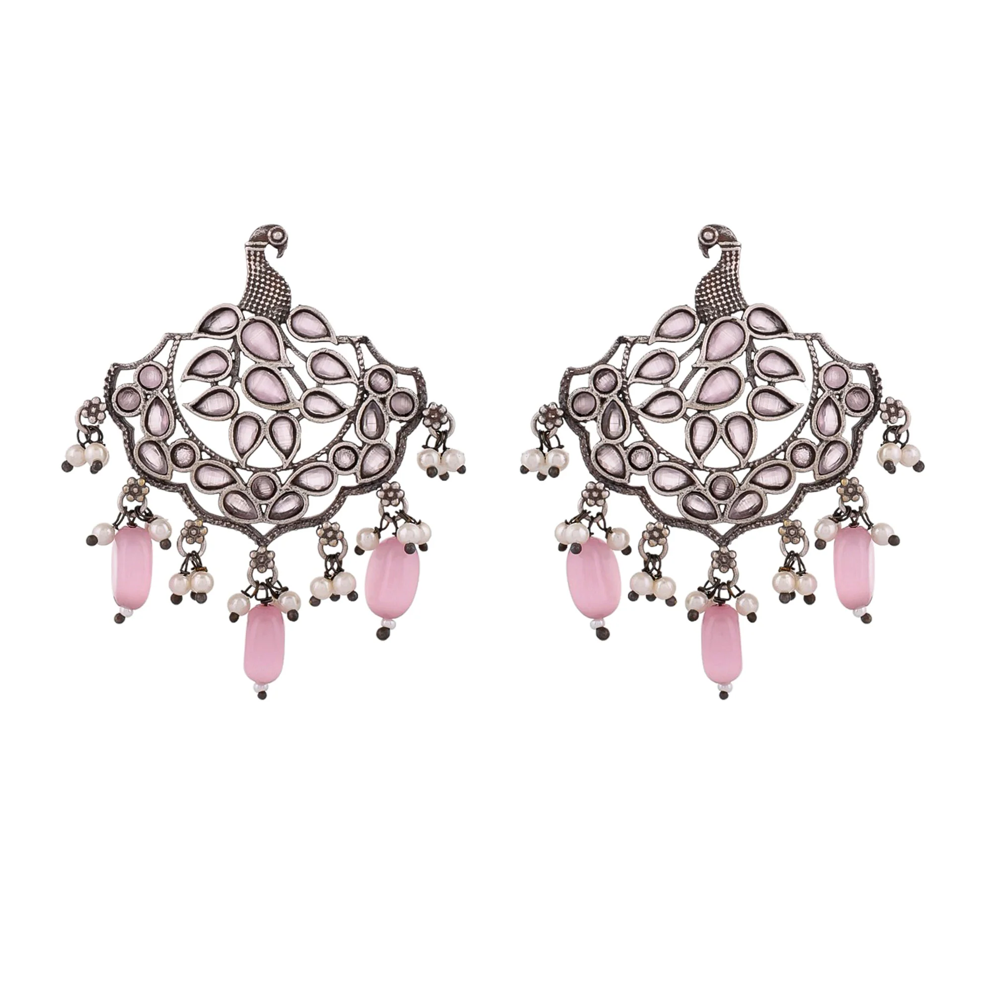 Antique Elegance Faux Pearls And Kundan Adorned Brass Silver Oxidized Plated Earrings - Image 4