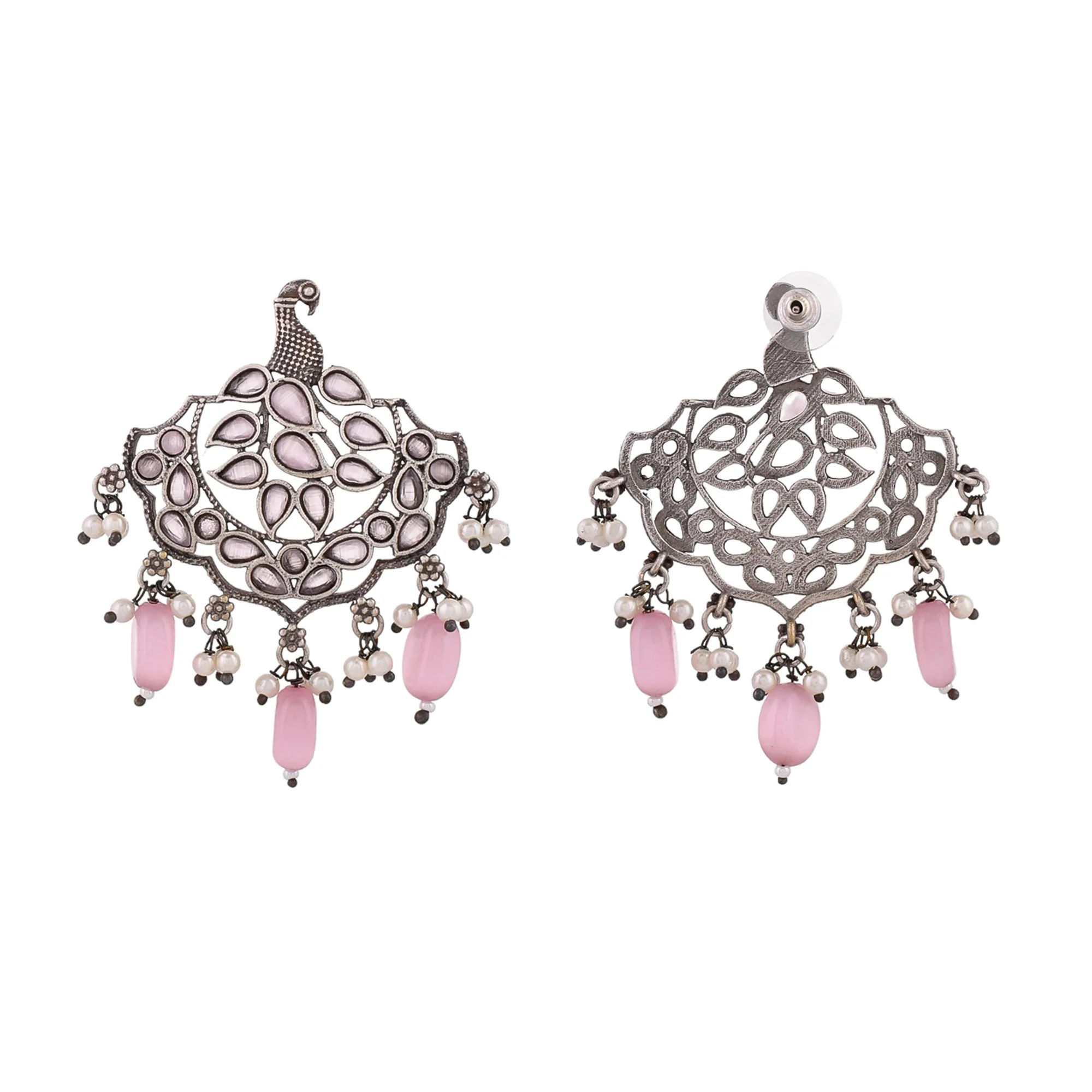 Antique Elegance Faux Pearls And Kundan Adorned Brass Silver Oxidized Plated Earrings - Image 5