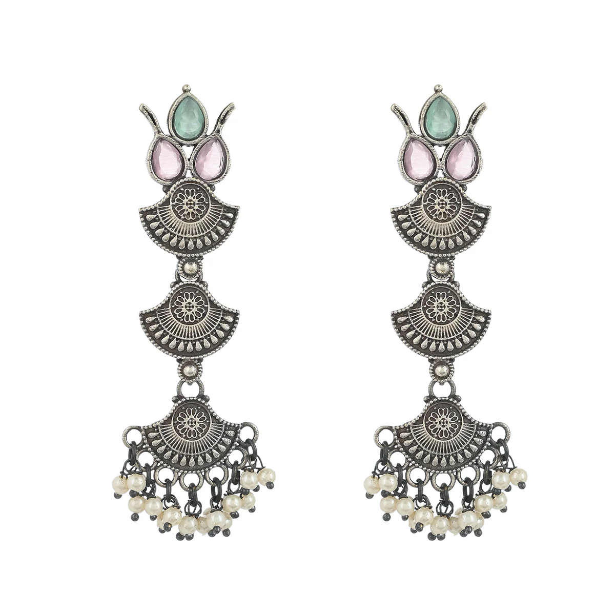 Antique Elegance Faux Pearls and Kundan Adorned Silver Plated Brass Layered Drop Earrings - Image 3