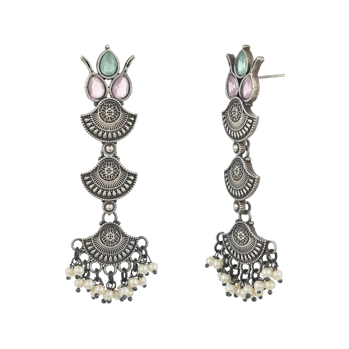 Antique Elegance Faux Pearls and Kundan Adorned Silver Plated Brass Layered Drop Earrings - Image 4