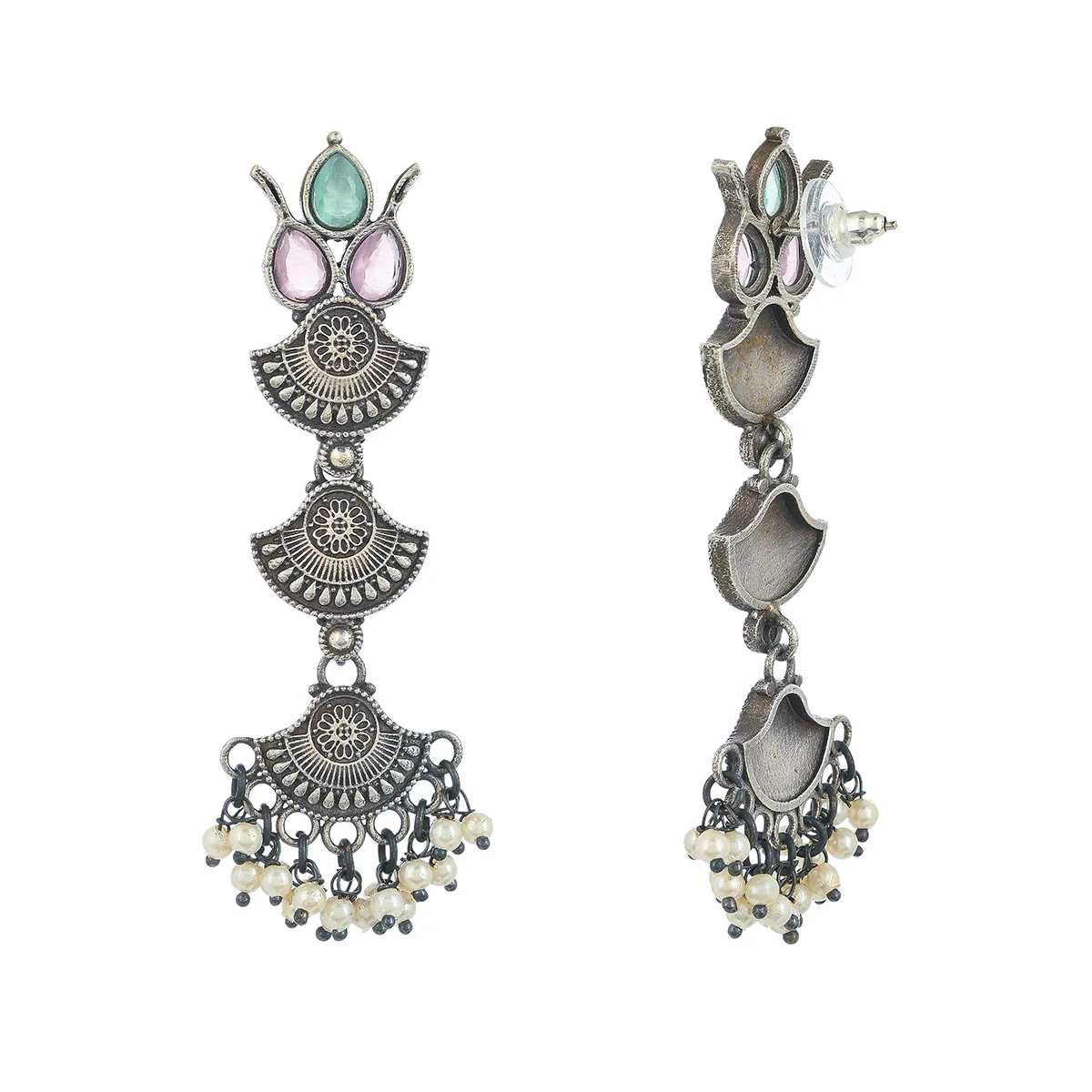 Antique Elegance Faux Pearls and Kundan Adorned Silver Plated Brass Layered Drop Earrings - Image 5