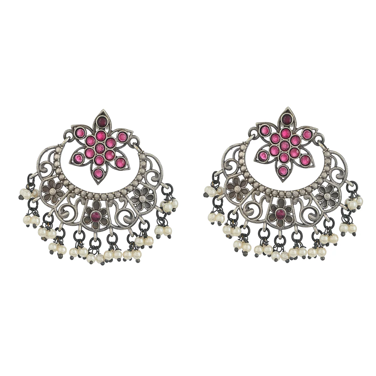 Antique Elegance Faux Pearls and Kundan Filigree Design Silver Plated Brass Earrings - Image 3