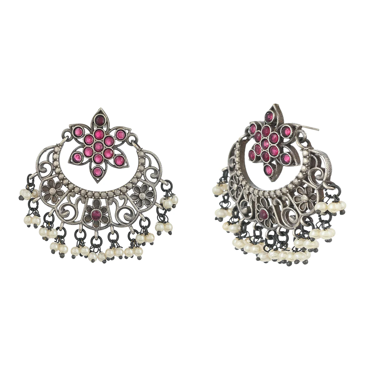 Antique Elegance Faux Pearls and Kundan Filigree Design Silver Plated Brass Earrings - Image 4