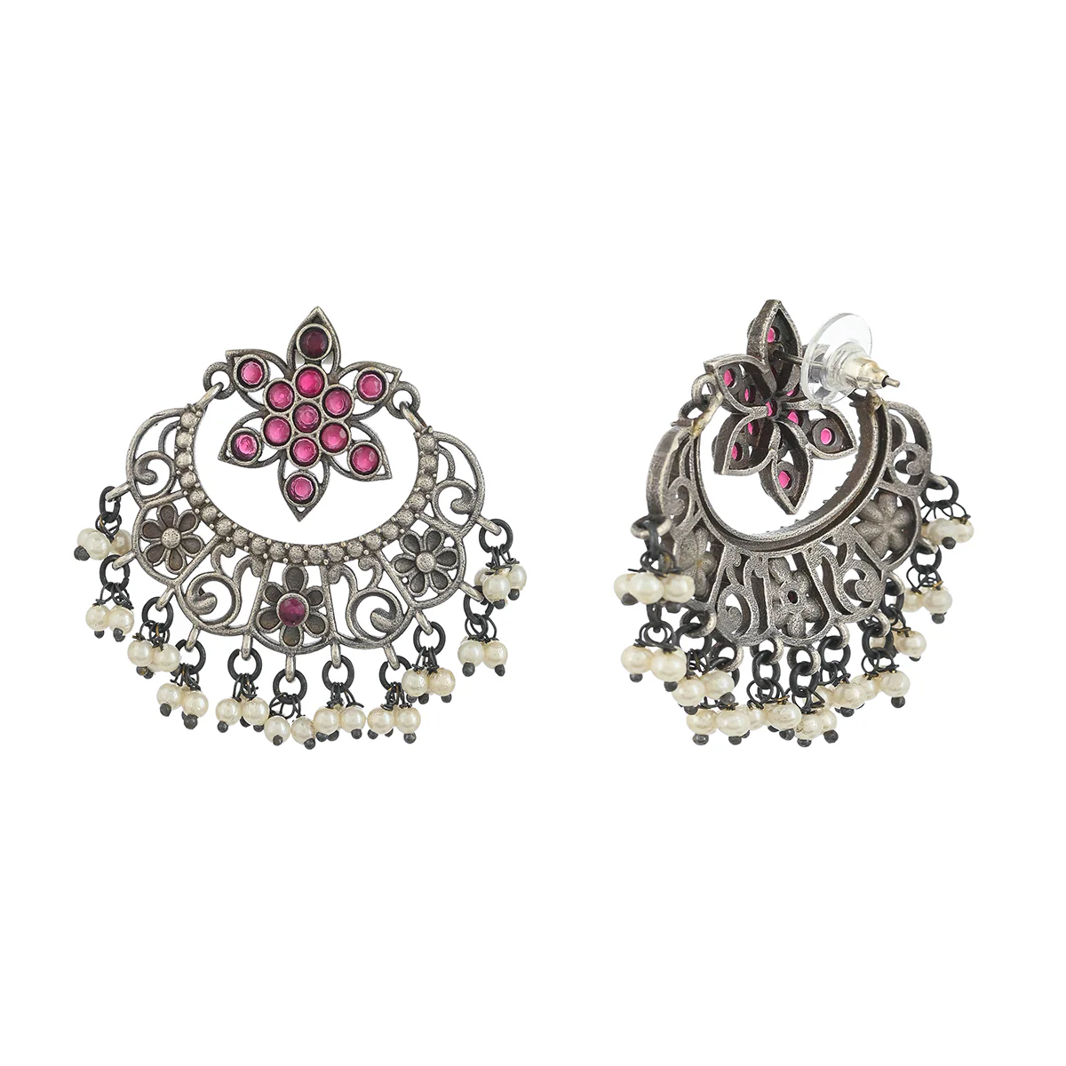 Antique Elegance Faux Pearls and Kundan Filigree Design Silver Plated Brass Earrings - Image 5