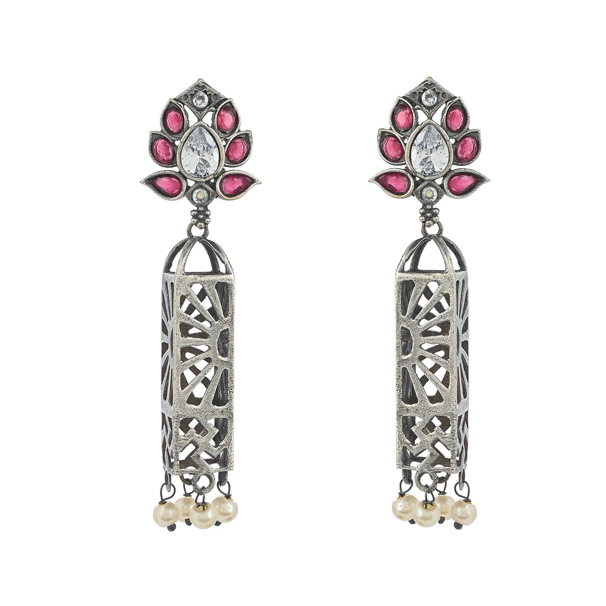 Antique Elegance Faux Pearls and Kundan Gems Embellished Silver Plated Brass Drop Earrings - Image 3