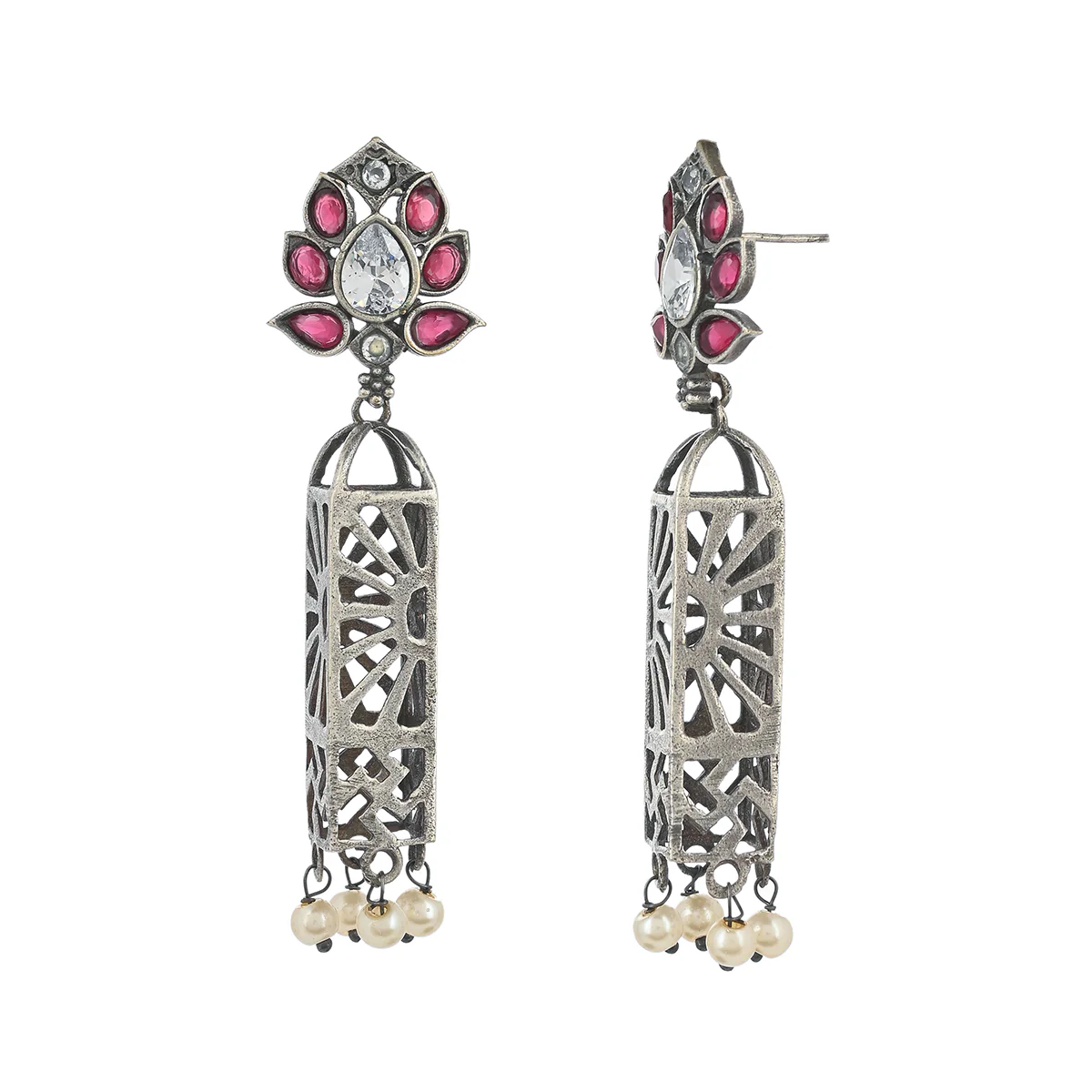 Antique Elegance Faux Pearls and Kundan Gems Embellished Silver Plated Brass Drop Earrings - Image 4