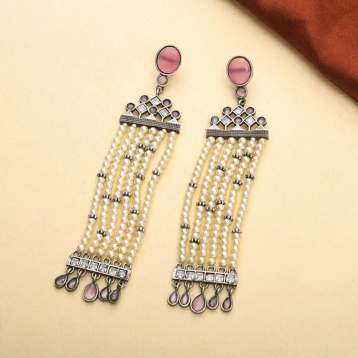 Antique Elegance Faux Pearls and Stones Embellished Oxidised Silver Plated Brass Long Drop Earrings
