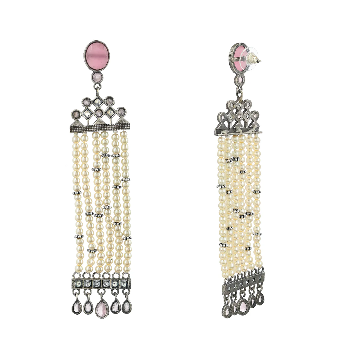 Antique Elegance Faux Pearls and Stones Embellished Oxidised Silver Plated Brass Long Drop Earrings - Image 5