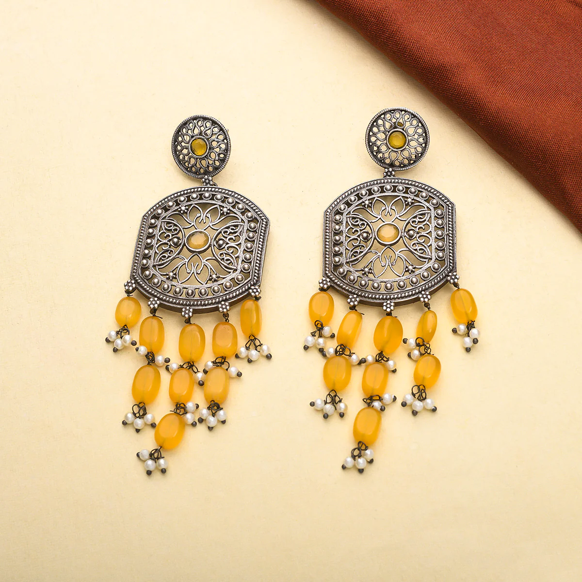 Antique Elegance Filigree Faux Pearls Adorned Brass Silver Plated Drop Earrings