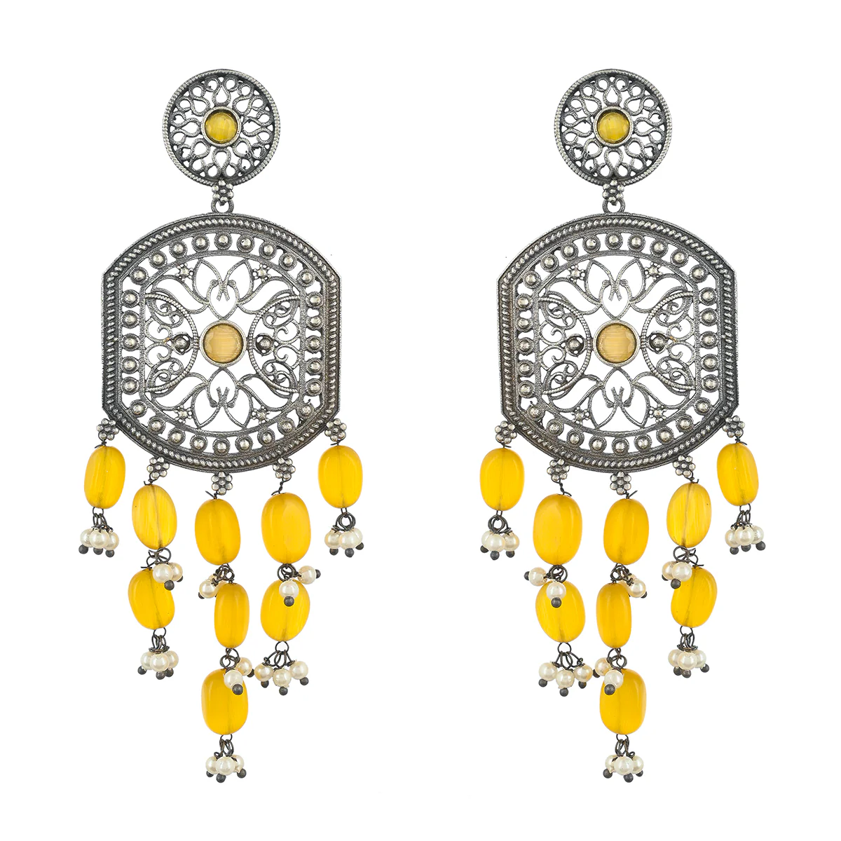 Antique Elegance Filigree Faux Pearls Adorned Brass Silver Plated Drop Earrings - Image 3