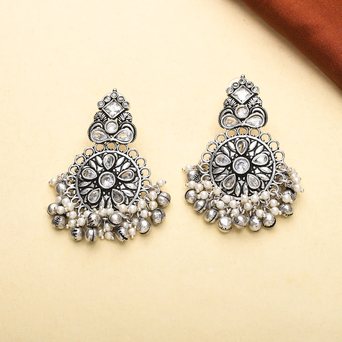Antique Elegance Floral Faux Pearls and Kundan Adorned Brass Silver Plated Drop Earrings