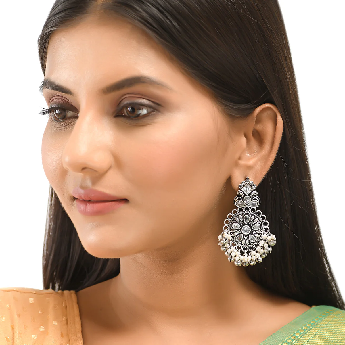 Antique Elegance Floral Faux Pearls and Kundan Adorned Brass Silver Plated Drop Earrings - Image 2